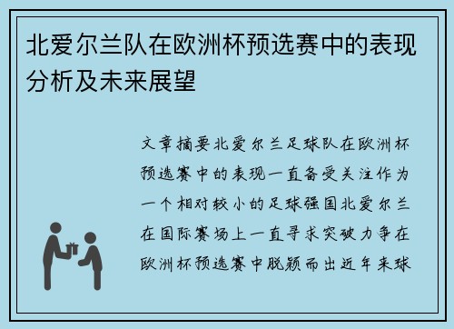 北爱尔兰队在欧洲杯预选赛中的表现分析及未来展望